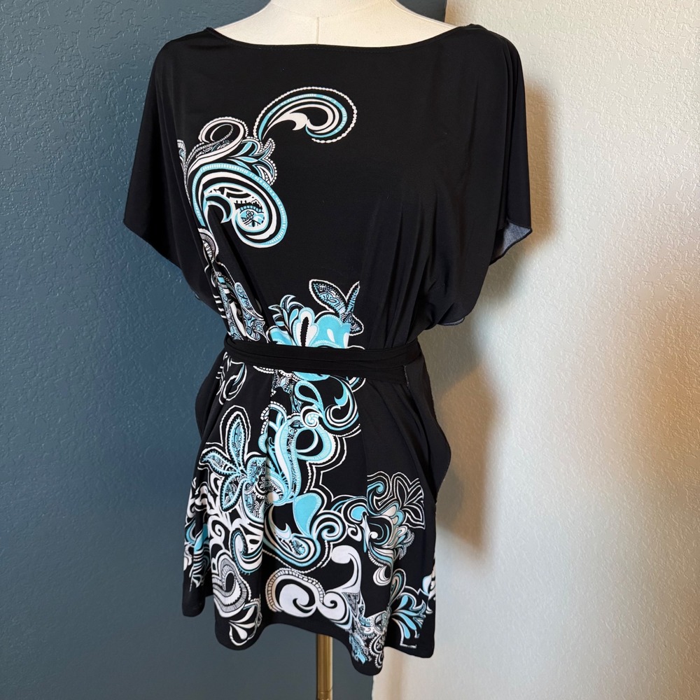 Vintage Y2K Indie Sleaze Wrapper Graphic Tie Waist Top Large Black Blue